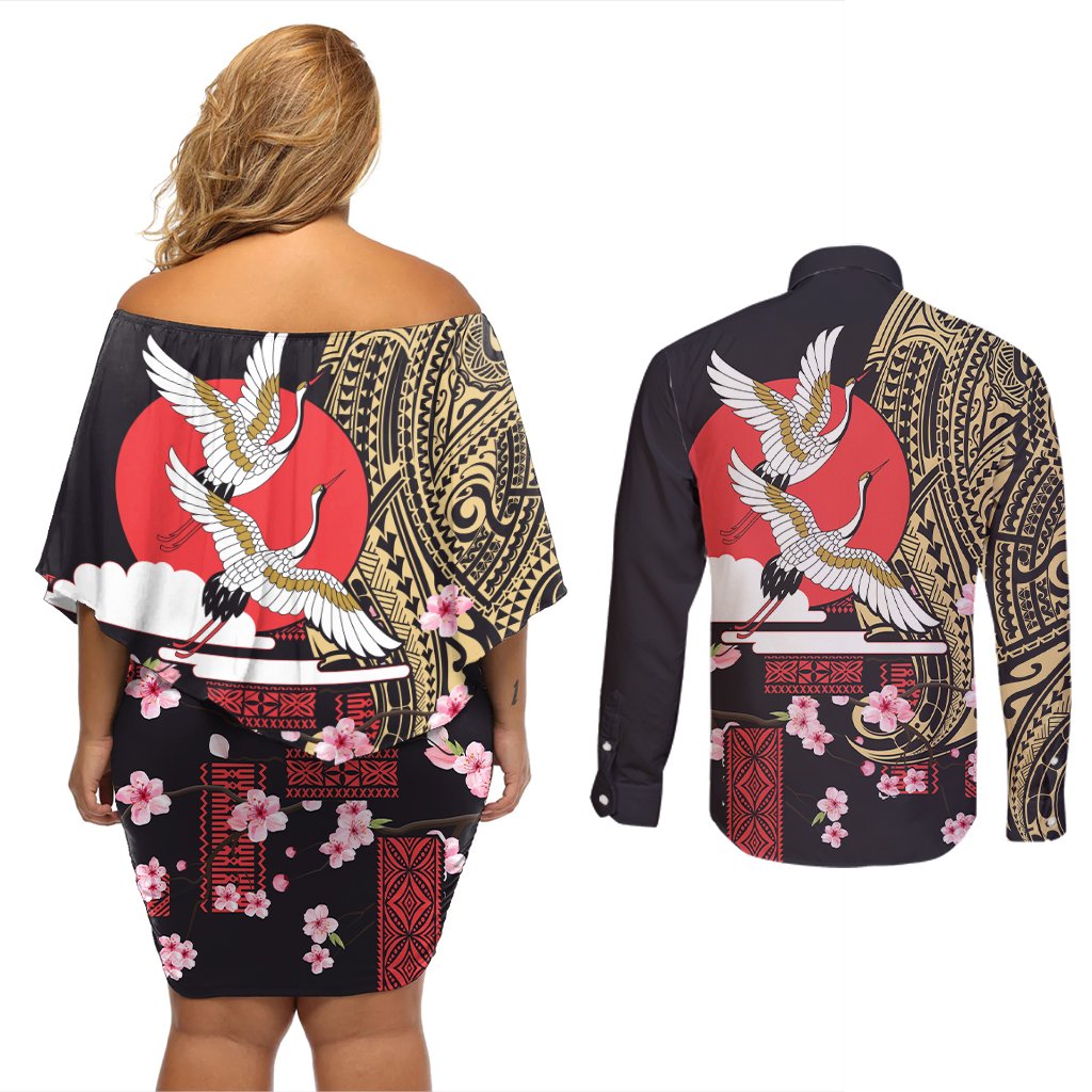 Japanese Culture and Hawaiian Tribal Couples Matching Off Shoulder Short Dress and Long Sleeve Button Shirt Sakura Blossom Tapa Pattern