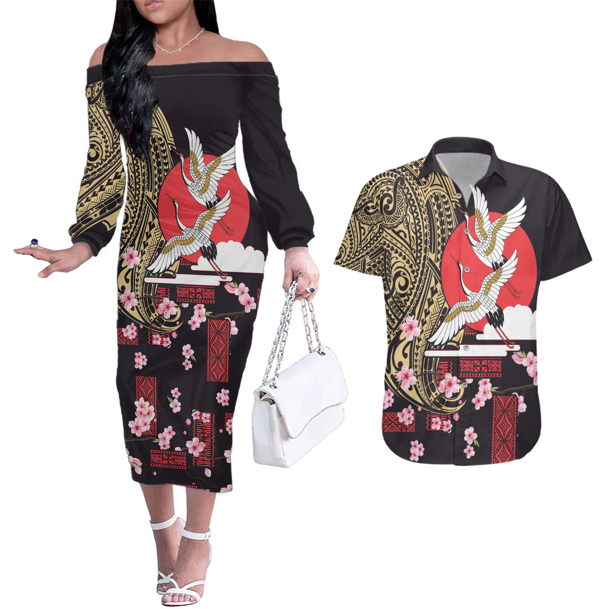 Japanese Culture and Hawaiian Tribal Couples Matching Off The Shoulder Long Sleeve Dress and Hawaiian Shirt Sakura Blossom Tapa Pattern LT03 Black - Polynesian Pride