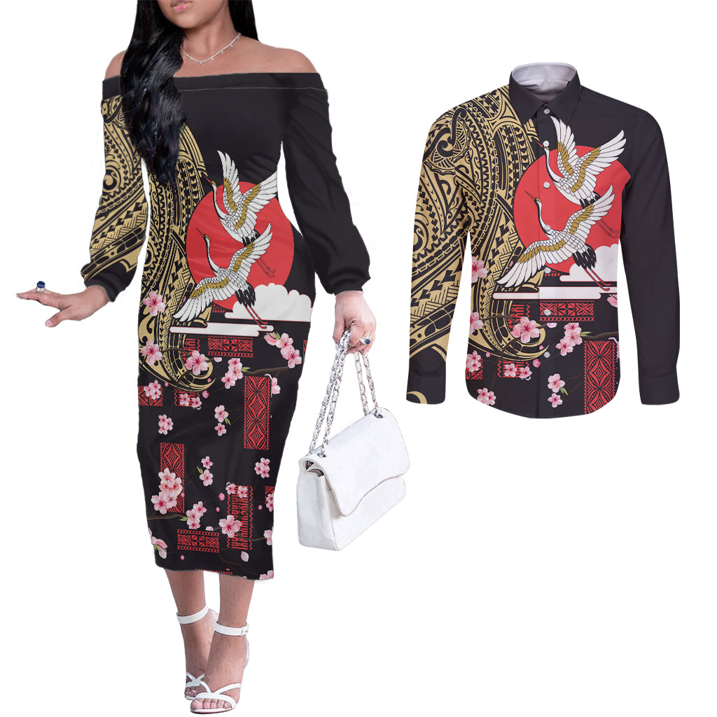 Japanese Culture and Hawaiian Tribal Couples Matching Off The Shoulder Long Sleeve Dress and Long Sleeve Button Shirt Sakura Blossom Tapa Pattern LT03 Black - Polynesian Pride