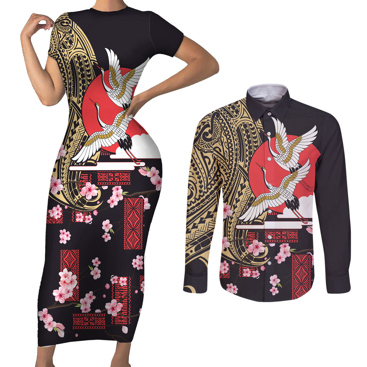Japanese Culture and Hawaiian Tribal Couples Matching Short Sleeve Bodycon Dress and Long Sleeve Button Shirt Sakura Blossom Tapa Pattern LT03 Black - Polynesian Pride