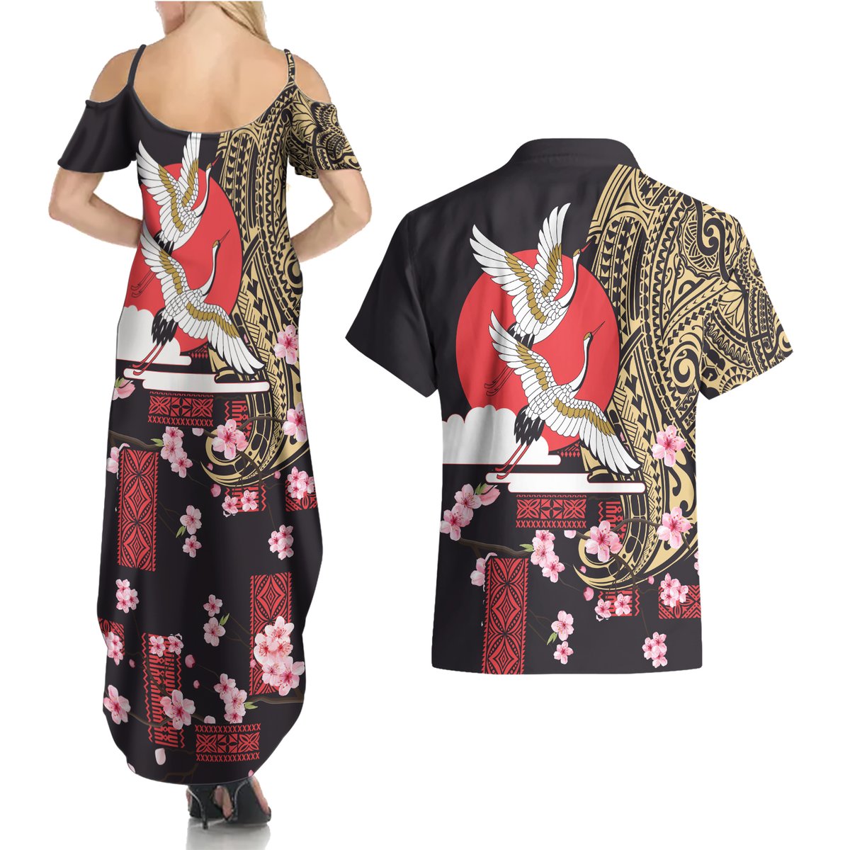 Japanese Culture and Hawaiian Tribal Couples Matching Summer Maxi Dress and Hawaiian Shirt Sakura Blossom Tapa Pattern LT03 - Polynesian Pride