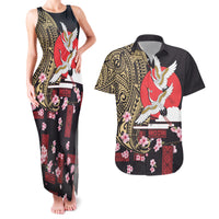 Japanese Culture and Hawaiian Tribal Couples Matching Tank Maxi Dress and Hawaiian Shirt Sakura Blossom Tapa Pattern LT03 Black - Polynesian Pride