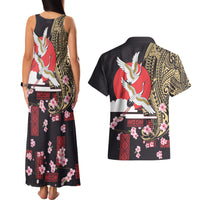 Japanese Culture and Hawaiian Tribal Couples Matching Tank Maxi Dress and Hawaiian Shirt Sakura Blossom Tapa Pattern LT03 - Polynesian Pride