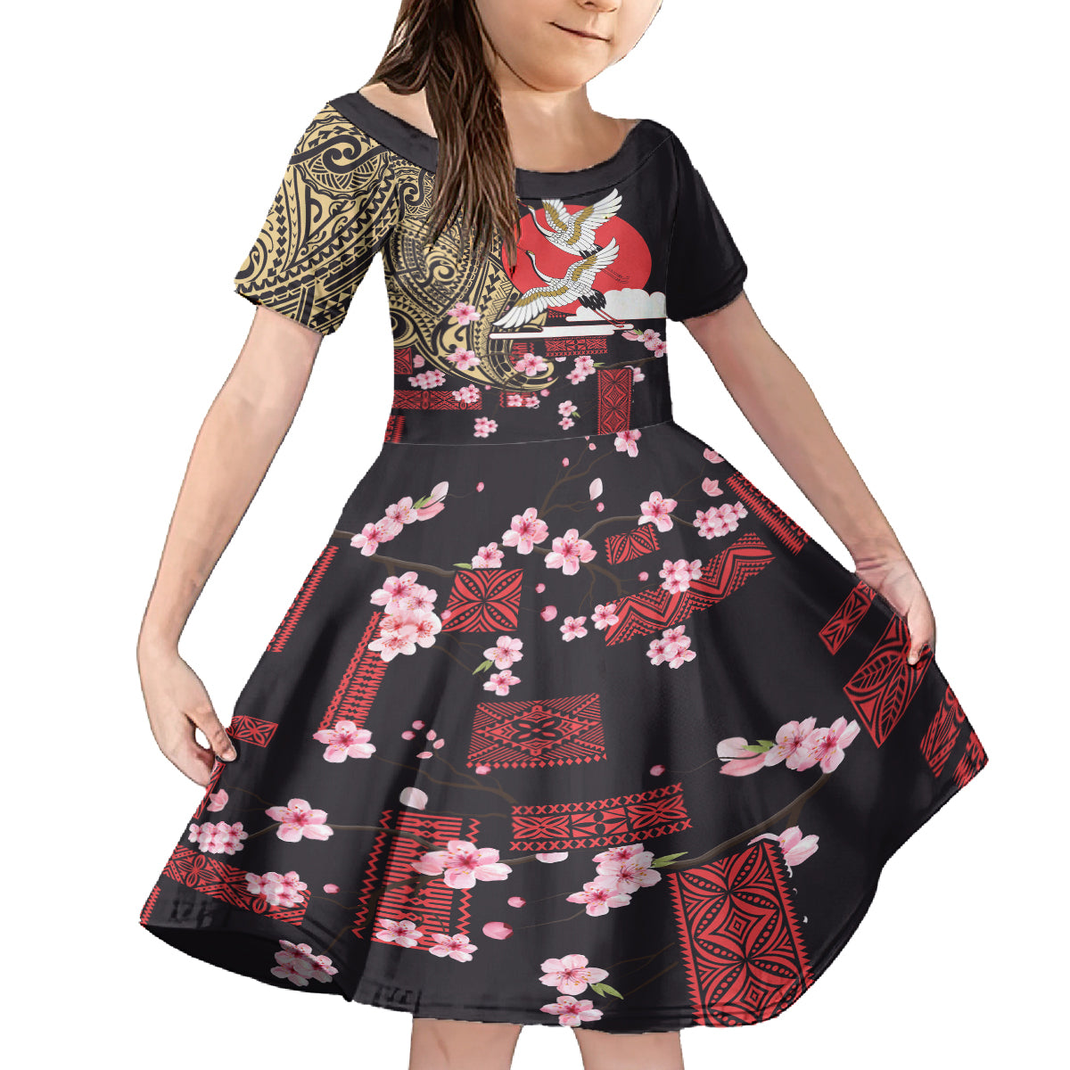 Japanese Culture and Hawaiian Tribal Family Matching Long Sleeve Bodycon Dress and Hawaiian Shirt Sakura Blossom Tapa Pattern LT03 Daughter's Dress Black - Polynesian Pride