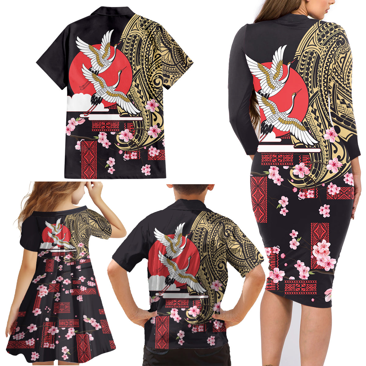 Japanese Culture and Hawaiian Tribal Family Matching Long Sleeve Bodycon Dress and Hawaiian Shirt Sakura Blossom Tapa Pattern LT03 - Polynesian Pride
