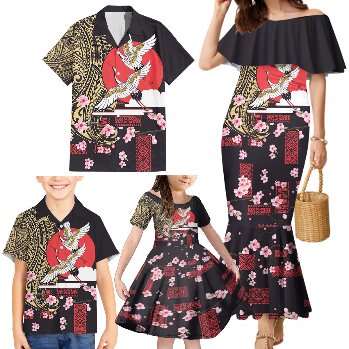 Japanese Culture and Hawaiian Tribal Family Matching Mermaid Dress and Hawaiian Shirt Sakura Blossom Tapa Pattern LT03 - Polynesian Pride