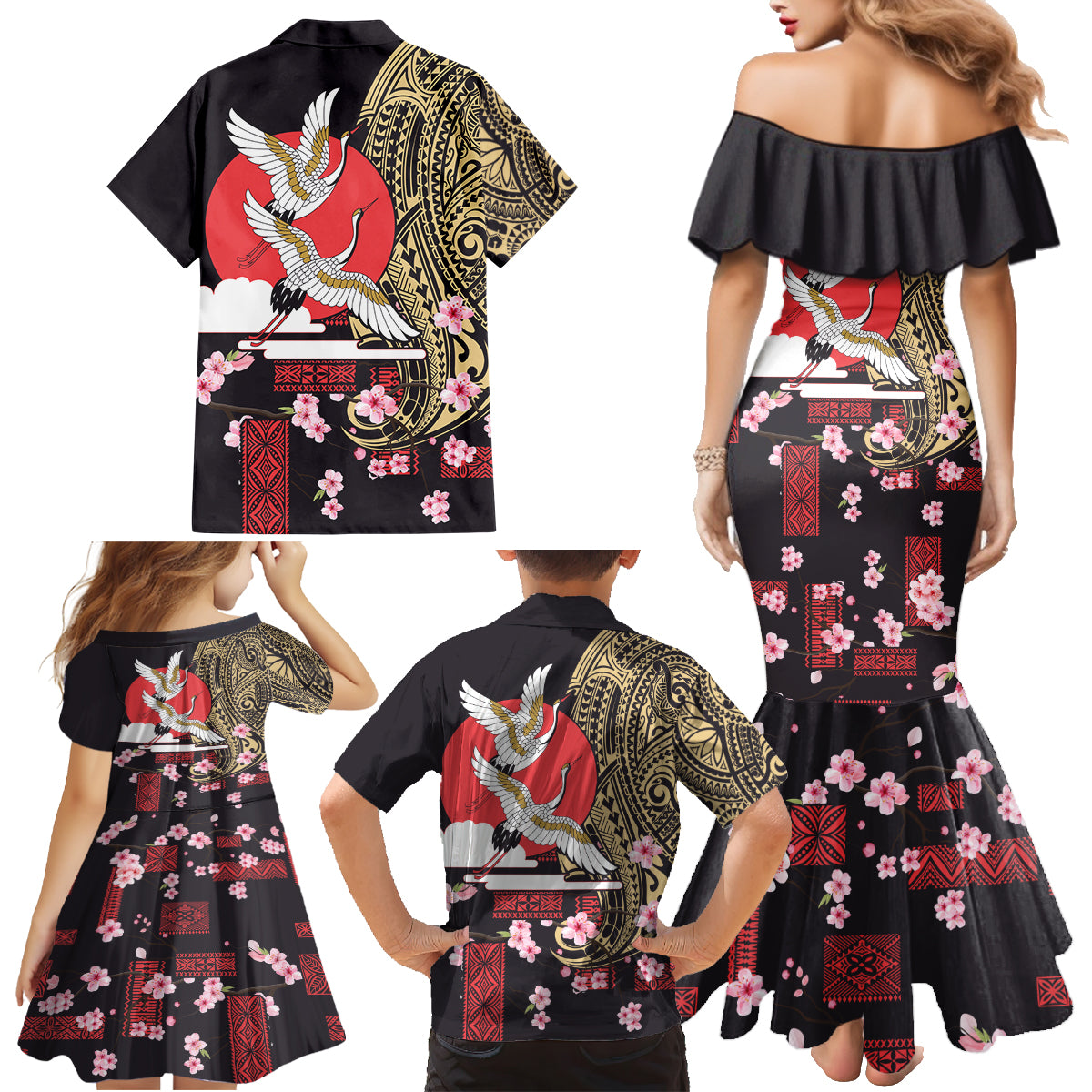 Japanese Culture and Hawaiian Tribal Family Matching Mermaid Dress and Hawaiian Shirt Sakura Blossom Tapa Pattern LT03 - Polynesian Pride