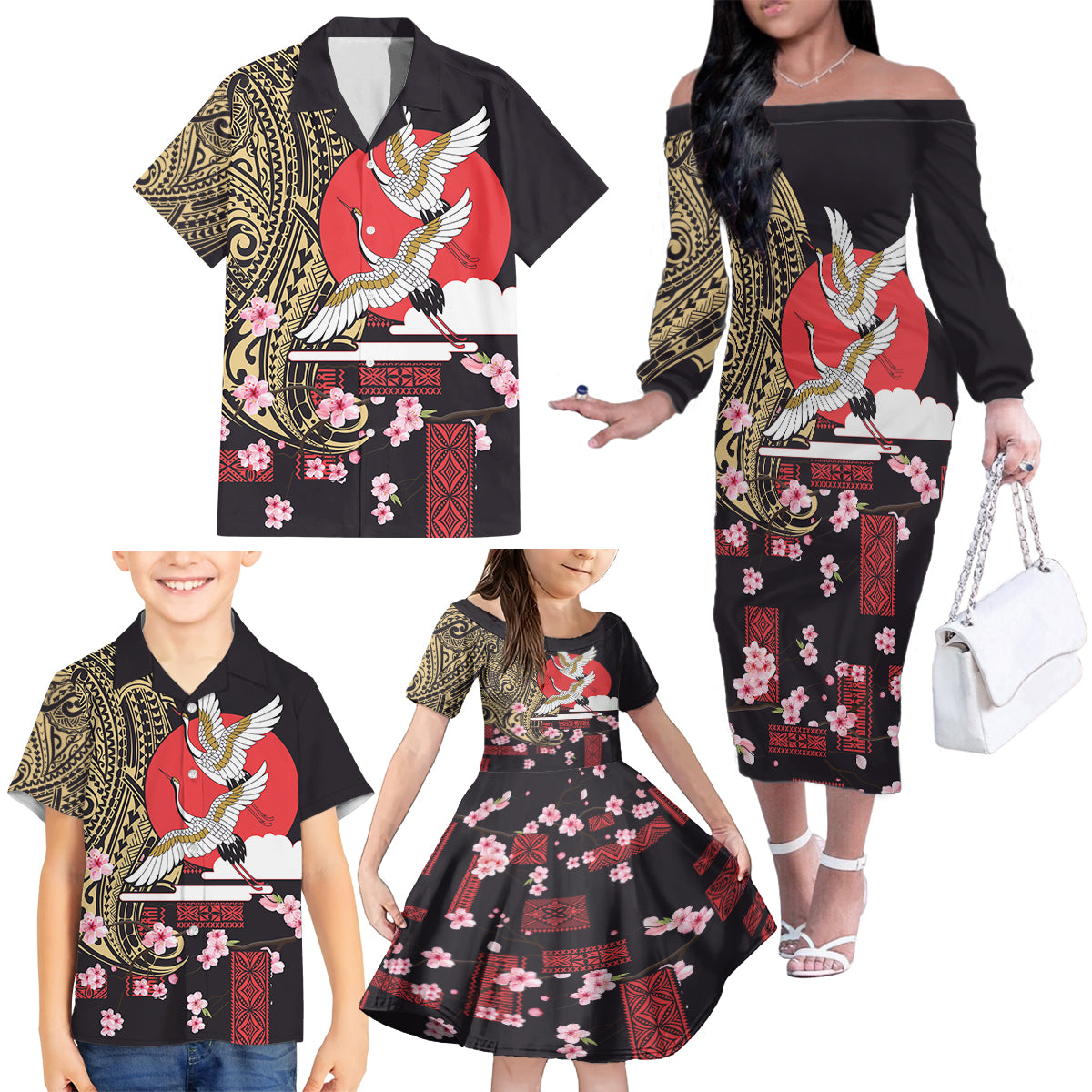 Japanese Culture and Hawaiian Tribal Family Matching Off The Shoulder Long Sleeve Dress and Hawaiian Shirt Sakura Blossom Tapa Pattern LT03 - Polynesian Pride