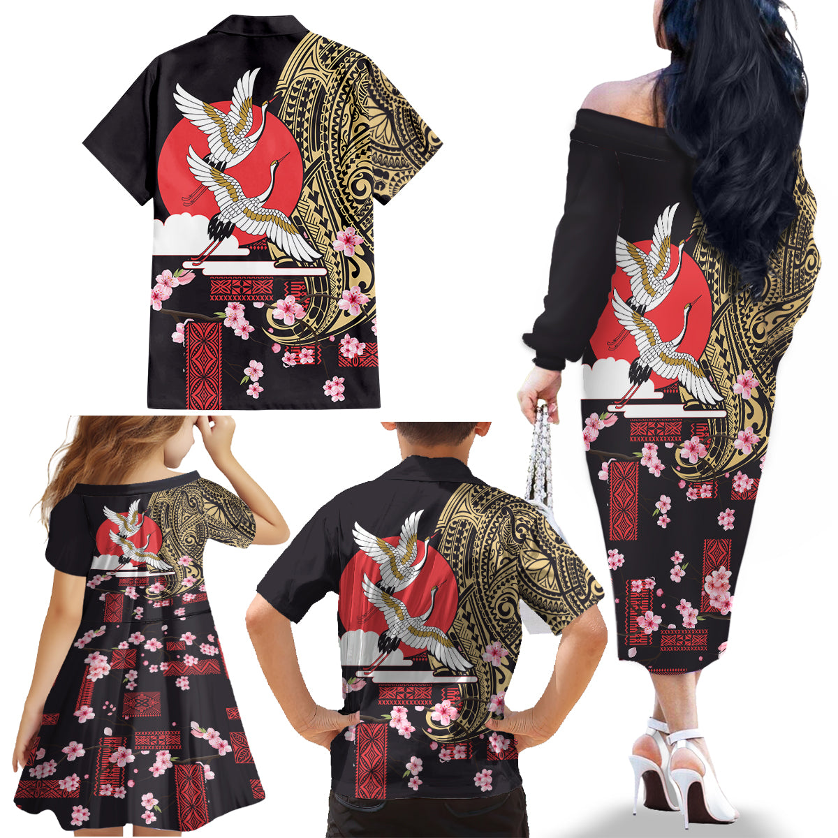 Japanese Culture and Hawaiian Tribal Family Matching Off The Shoulder Long Sleeve Dress and Hawaiian Shirt Sakura Blossom Tapa Pattern LT03 - Polynesian Pride