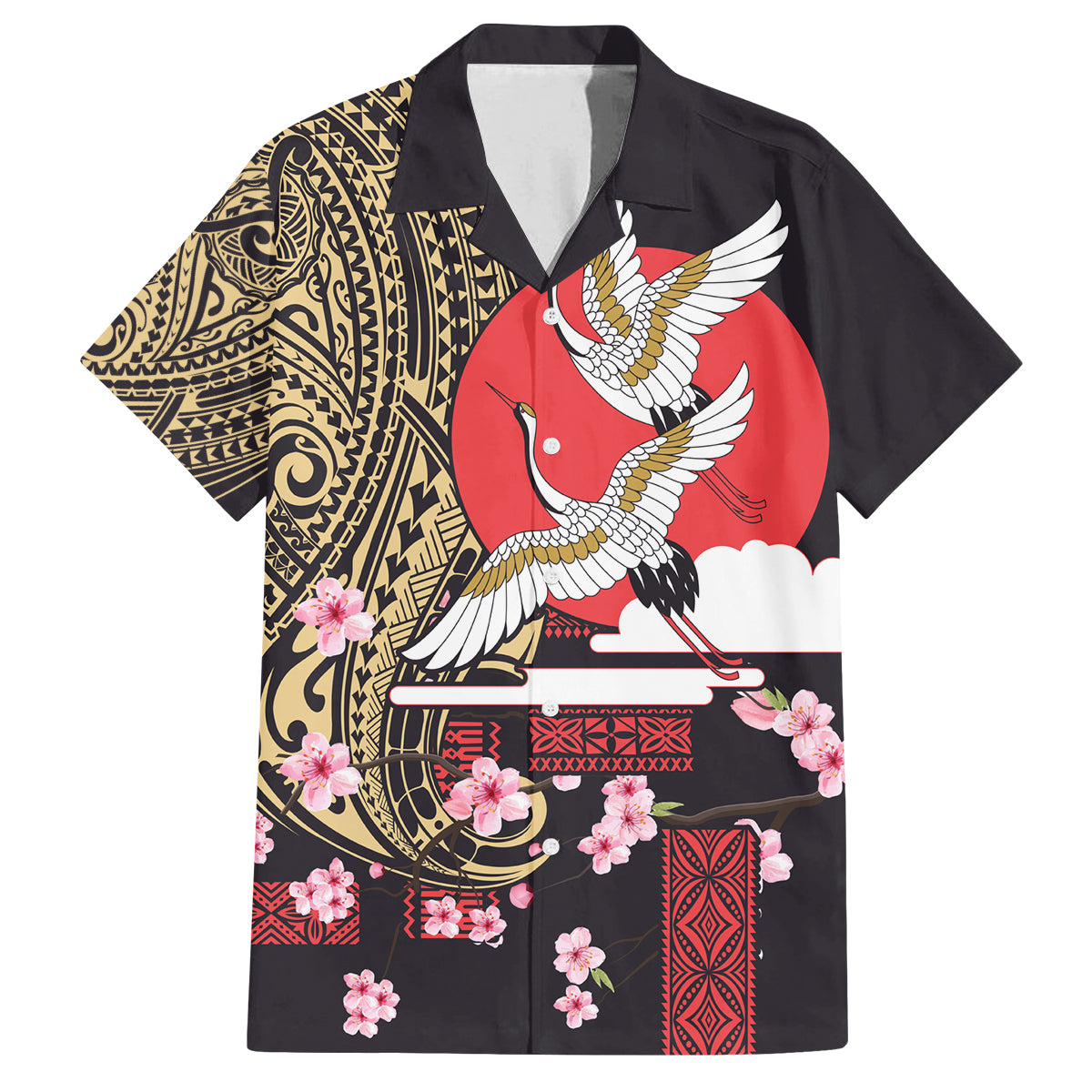 Japanese Culture and Hawaiian Tribal Family Matching Off The Shoulder Long Sleeve Dress and Hawaiian Shirt Sakura Blossom Tapa Pattern LT03 Dad's Shirt - Short Sleeve Black - Polynesian Pride