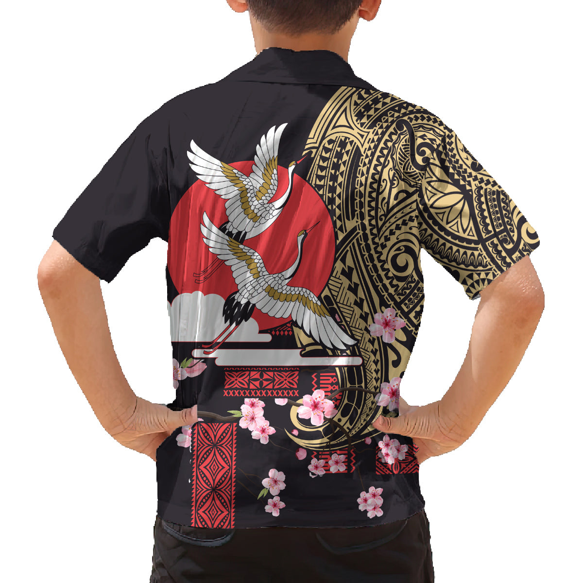 Japanese Culture and Hawaiian Tribal Family Matching Off Shoulder Maxi Dress and Hawaiian Shirt Sakura Blossom Tapa Pattern LT03 - Polynesian Pride