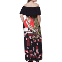 Japanese Culture and Hawaiian Tribal Family Matching Off Shoulder Maxi Dress and Hawaiian Shirt Sakura Blossom Tapa Pattern LT03 - Polynesian Pride