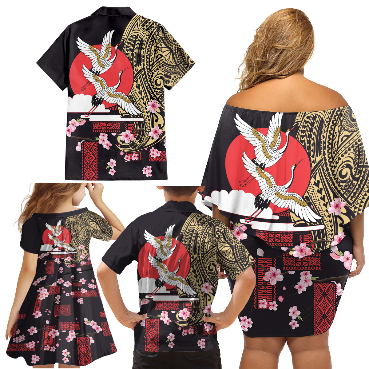 Japanese Culture and Hawaiian Tribal Family Matching Off Shoulder Short Dress and Hawaiian Shirt Sakura Blossom Tapa Pattern LT03 - Polynesian Pride
