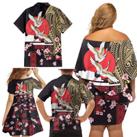 Japanese Culture and Hawaiian Tribal Family Matching Off Shoulder Short Dress and Hawaiian Shirt Sakura Blossom Tapa Pattern LT03 - Polynesian Pride