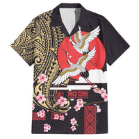 Japanese Culture and Hawaiian Tribal Family Matching Puletasi and Hawaiian Shirt Sakura Blossom Tapa Pattern LT03 Dad's Shirt - Short Sleeve Black - Polynesian Pride