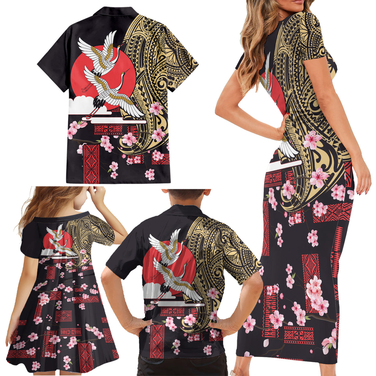 Japanese Culture and Hawaiian Tribal Family Matching Short Sleeve Bodycon Dress and Hawaiian Shirt Sakura Blossom Tapa Pattern LT03 - Polynesian Pride