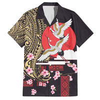 Japanese Culture and Hawaiian Tribal Family Matching Short Sleeve Bodycon Dress and Hawaiian Shirt Sakura Blossom Tapa Pattern LT03 Dad's Shirt - Short Sleeve Black - Polynesian Pride
