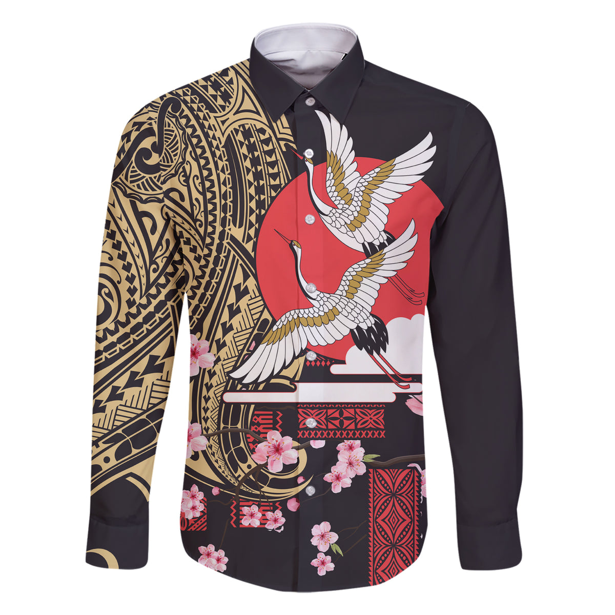 Japanese Culture and Hawaiian Tribal Family Matching Short Sleeve Bodycon Dress and Hawaiian Shirt Sakura Blossom Tapa Pattern LT03 Dad's Shirt - Long Sleeve Black - Polynesian Pride