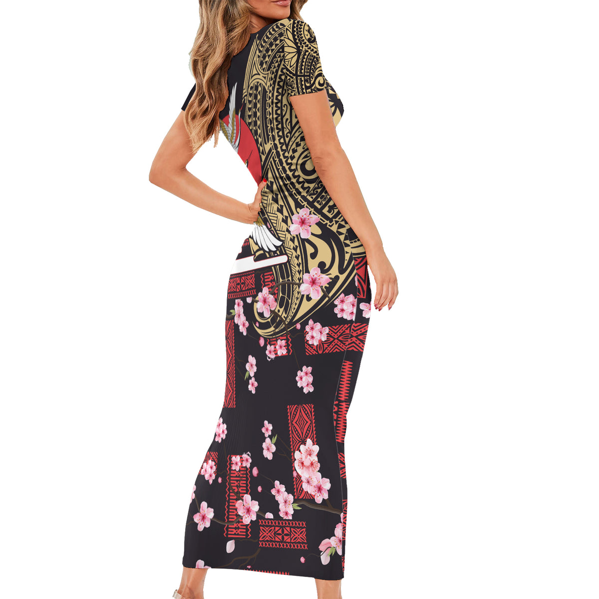 Japanese Culture and Hawaiian Tribal Family Matching Short Sleeve Bodycon Dress and Hawaiian Shirt Sakura Blossom Tapa Pattern LT03 - Polynesian Pride