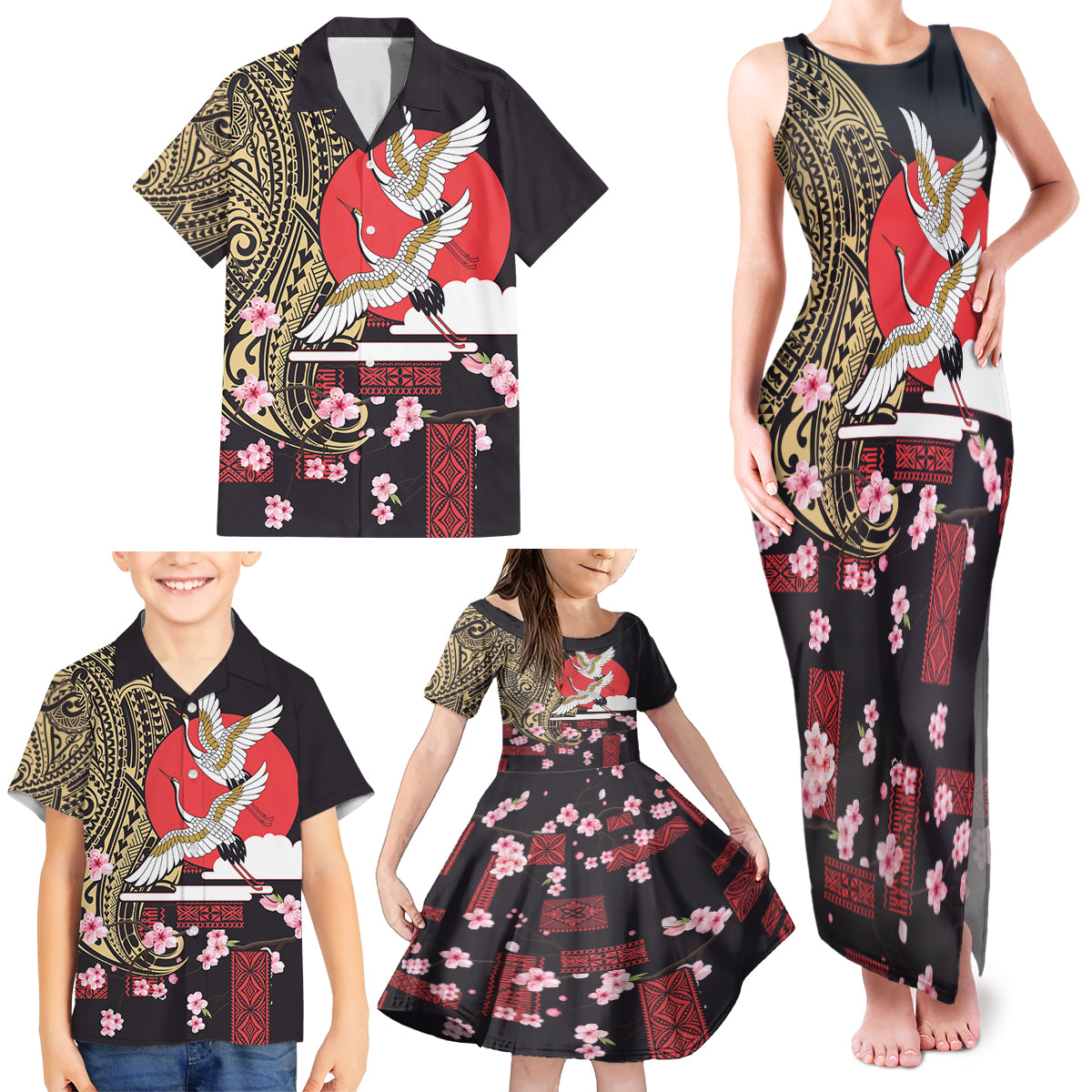 Japanese Culture and Hawaiian Tribal Family Matching Tank Maxi Dress and Hawaiian Shirt Sakura Blossom Tapa Pattern LT03 - Polynesian Pride