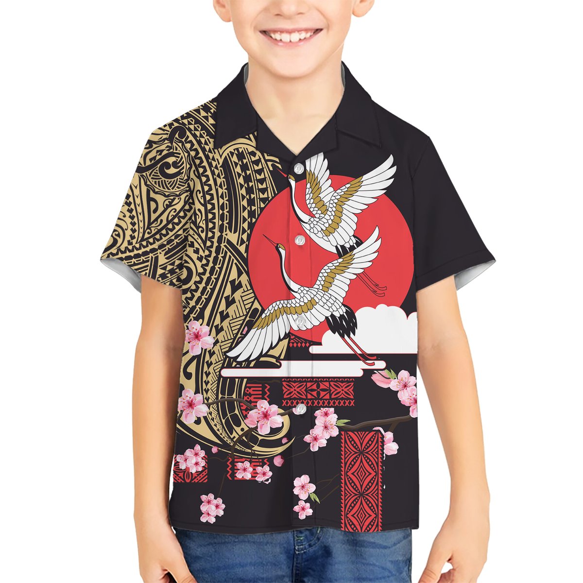 Japanese Culture and Hawaiian Tribal Hawaiian Shirt Sakura Blossom Tapa Pattern