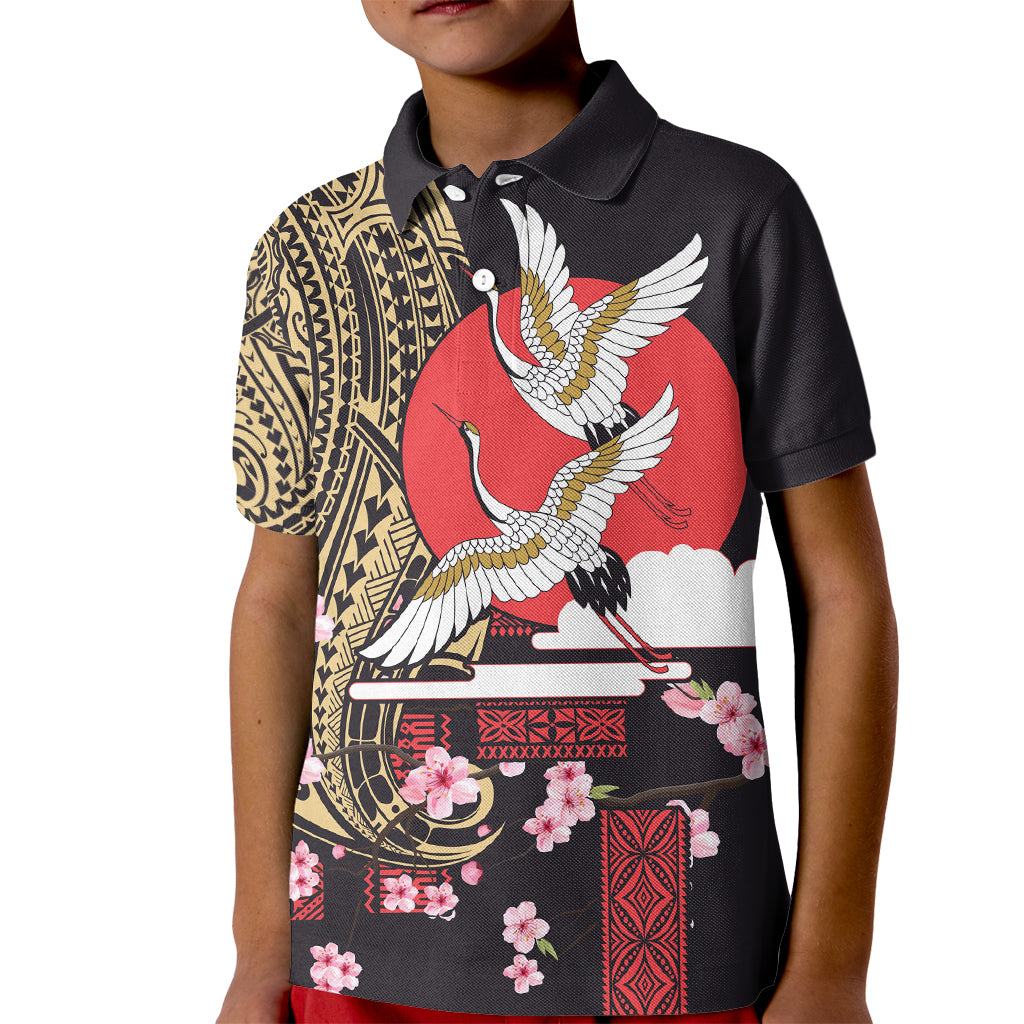 Japanese Culture and Hawaiian Tribal Kid Polo Shirt Sakura Blossom Tapa Pattern