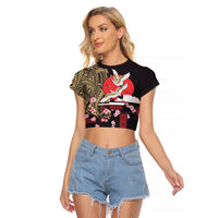 Japanese Culture and Hawaiian Tribal Raglan Cropped T Shirt Sakura Blossom Tapa Pattern