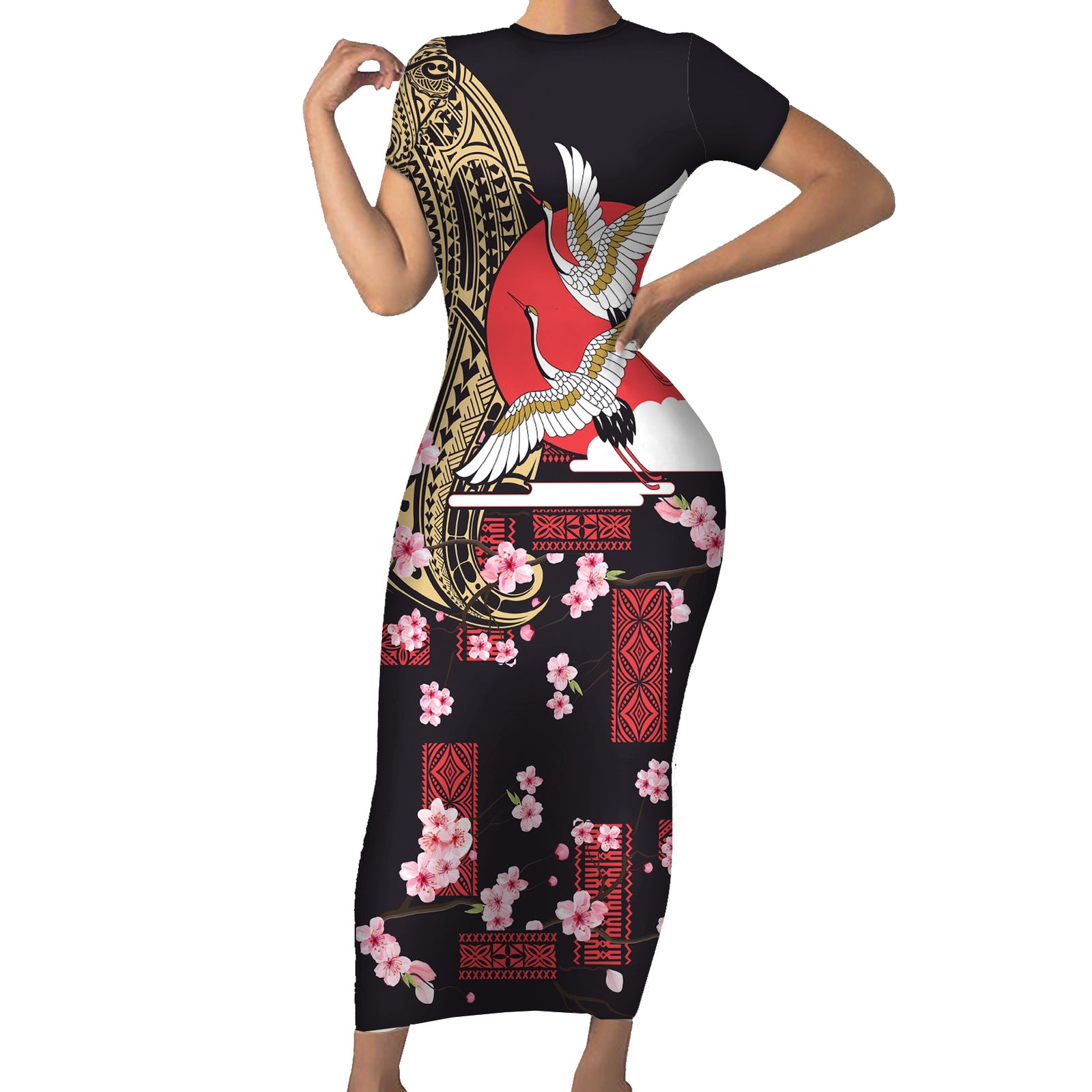Japanese Culture and Hawaiian Tribal Short Sleeve Bodycon Dress Sakura Blossom Tapa Pattern LT03 Long Dress Black - Polynesian Pride