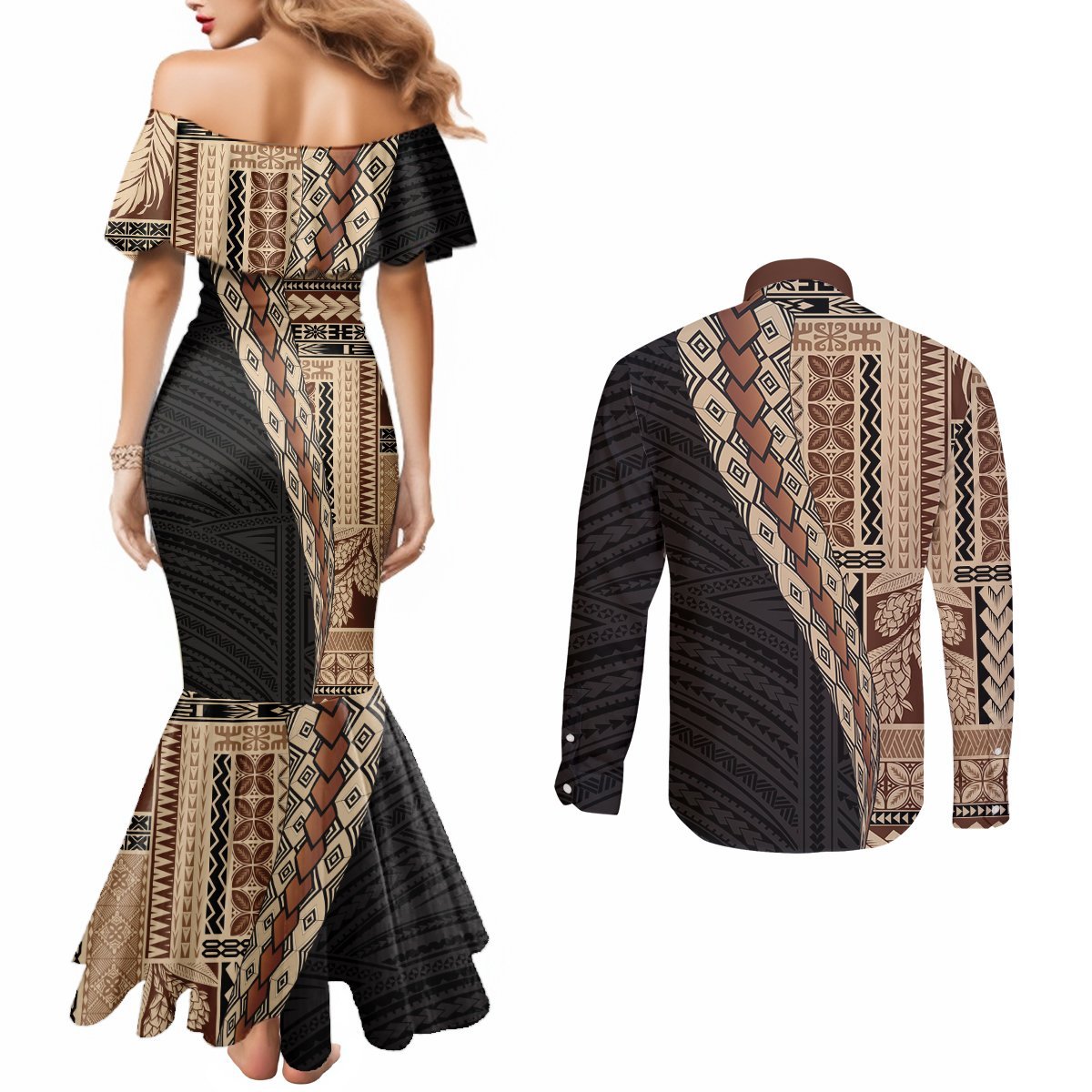 Samoa Siapo Motif Half Style Couples Matching Mermaid Dress and Long Sleeve Button Shirt Brown Version LT03 - Polynesian Pride