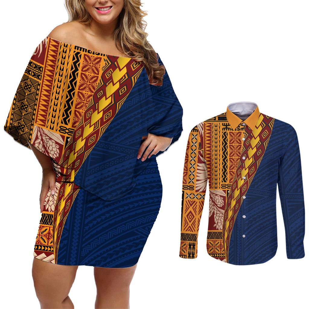 Samoa Siapo Motif Half Style Couples Matching Off Shoulder Short Dress and Long Sleeve Button Shirt Colorful Version LT03 Yellow - Polynesian Pride