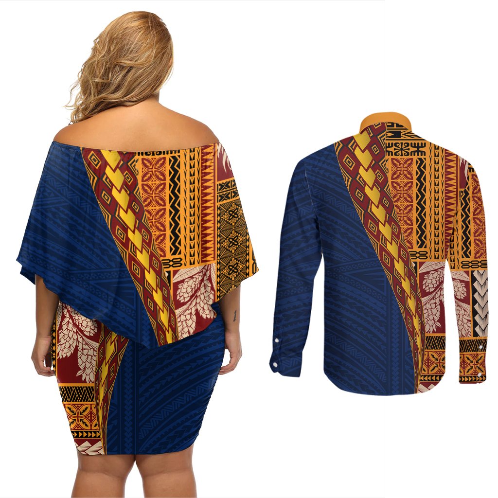 Samoa Siapo Motif Half Style Couples Matching Off Shoulder Short Dress and Long Sleeve Button Shirt Colorful Version LT03 - Polynesian Pride