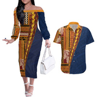 Samoa Siapo Motif Half Style Couples Matching Off The Shoulder Long Sleeve Dress and Hawaiian Shirt Colorful Version LT03 Yellow - Polynesian Pride