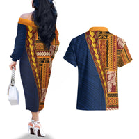 Samoa Siapo Motif Half Style Couples Matching Off The Shoulder Long Sleeve Dress and Hawaiian Shirt Colorful Version LT03 - Polynesian Pride