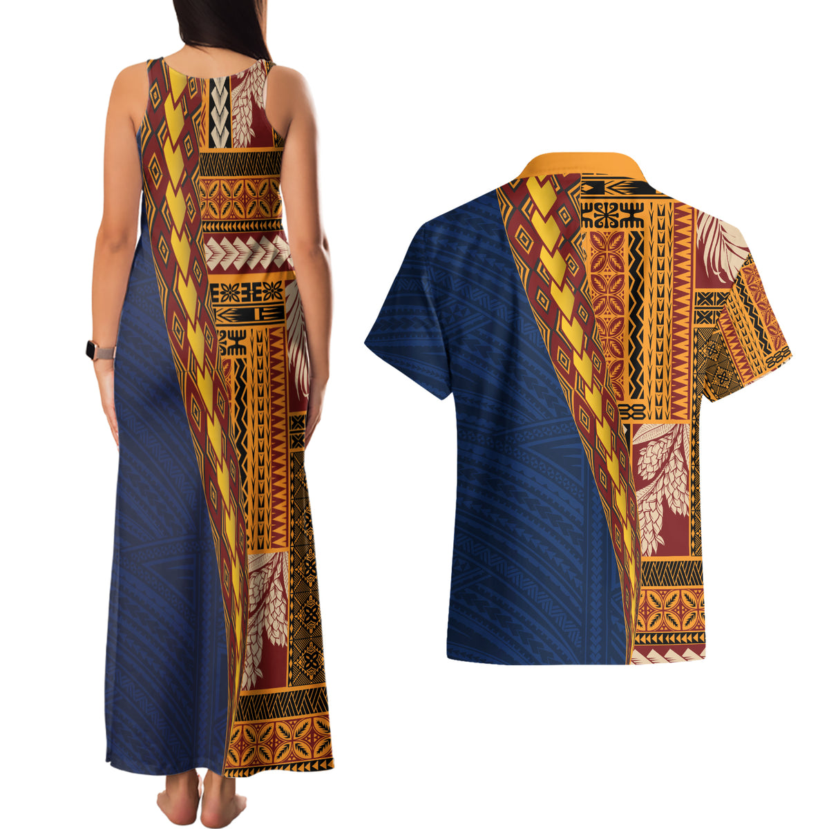 Samoa Siapo Motif Half Style Couples Matching Tank Maxi Dress and Hawaiian Shirt Colorful Version