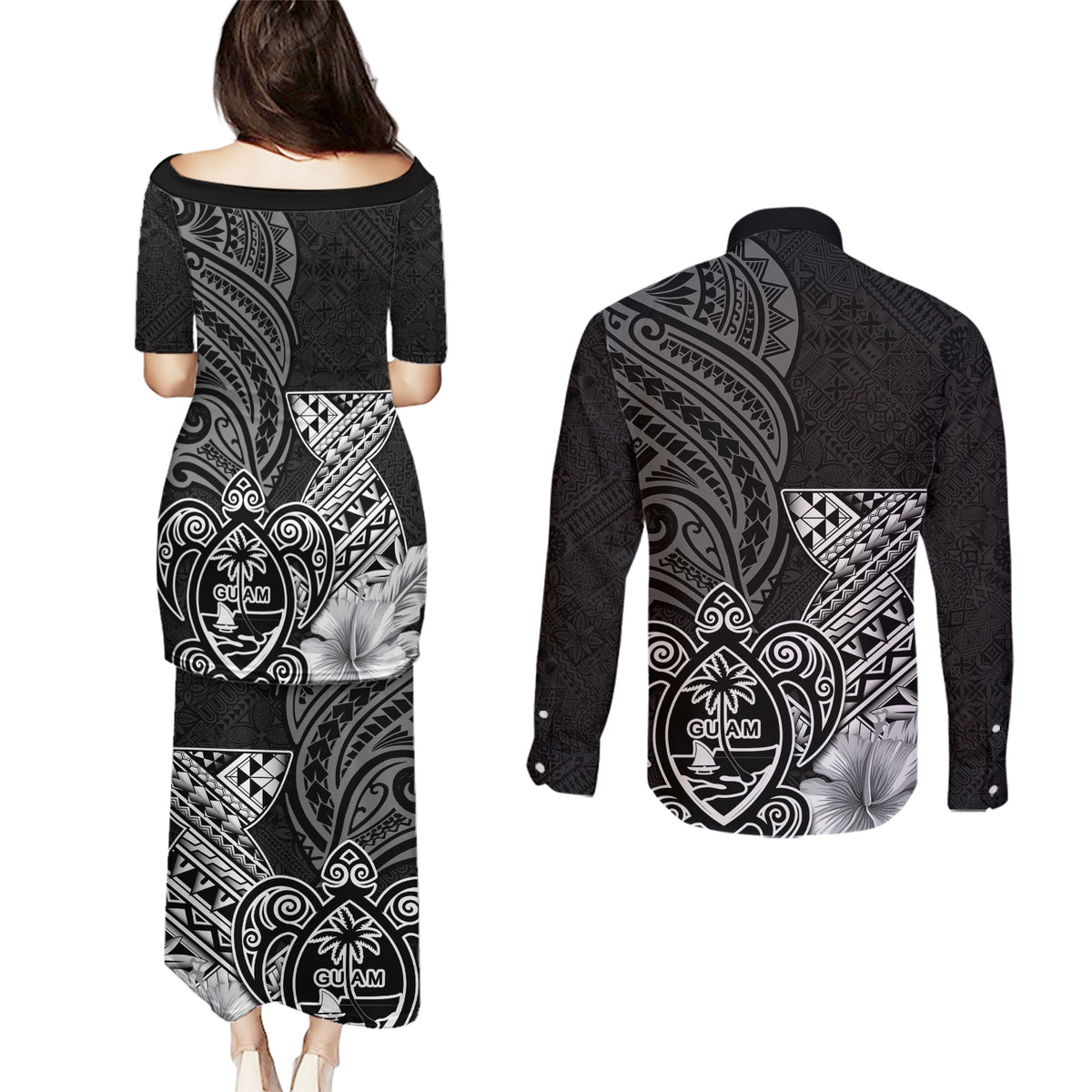 Guam Latte Stone Chamorro Culture Couples Matching Puletasi and Long Sleeve Button Shirt Tapa Pattern