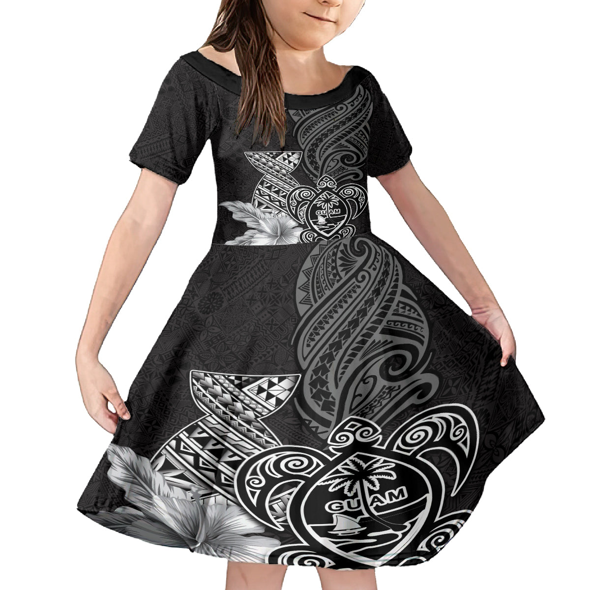 Guam Latte Stone Chamorro Culture Family Matching Long Sleeve Bodycon Dress and Hawaiian Shirt Tapa Pattern LT03 Daughter's Dress Black - Polynesian Pride