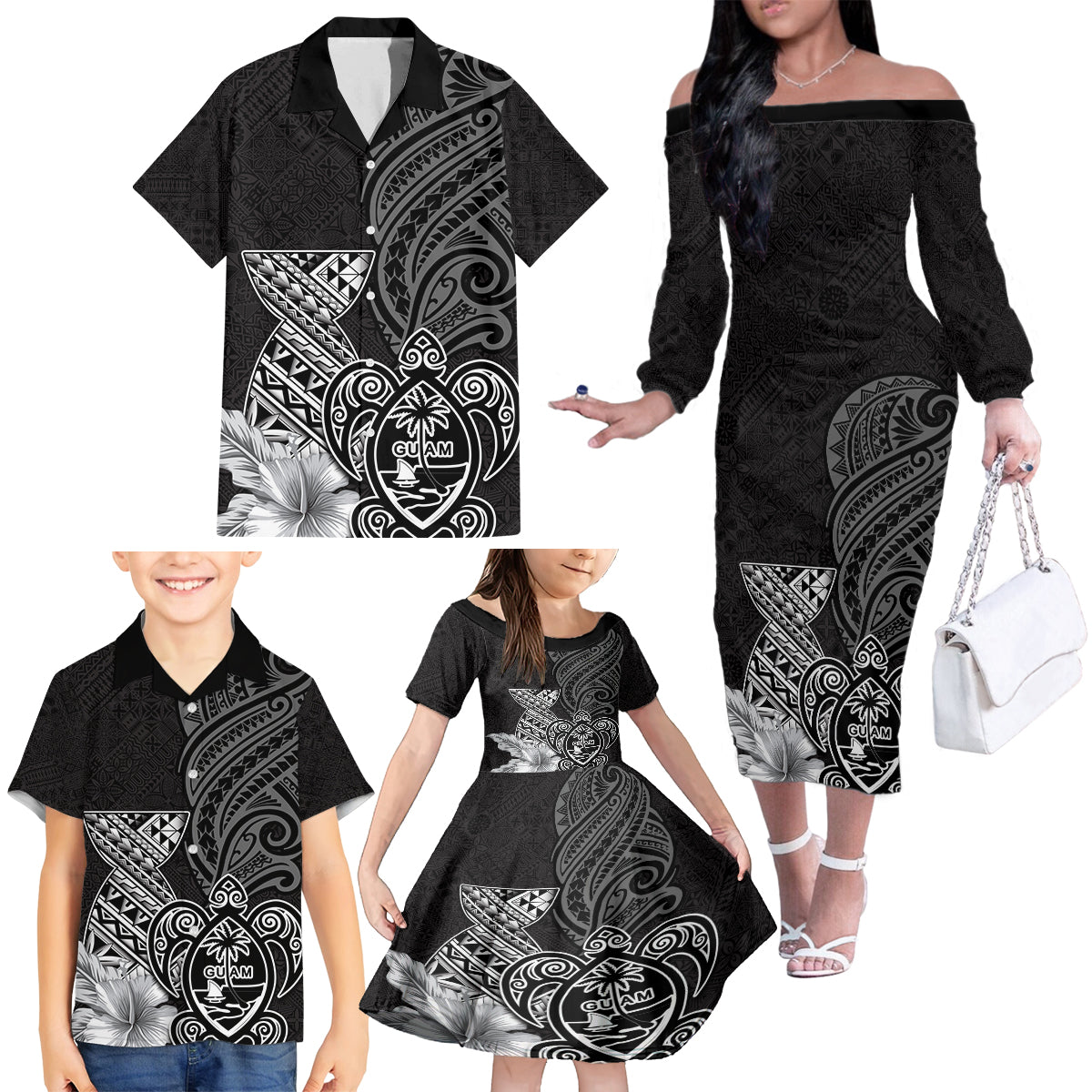 Guam Latte Stone Chamorro Culture Family Matching Off The Shoulder Long Sleeve Dress and Hawaiian Shirt Tapa Pattern LT03 - Polynesian Pride