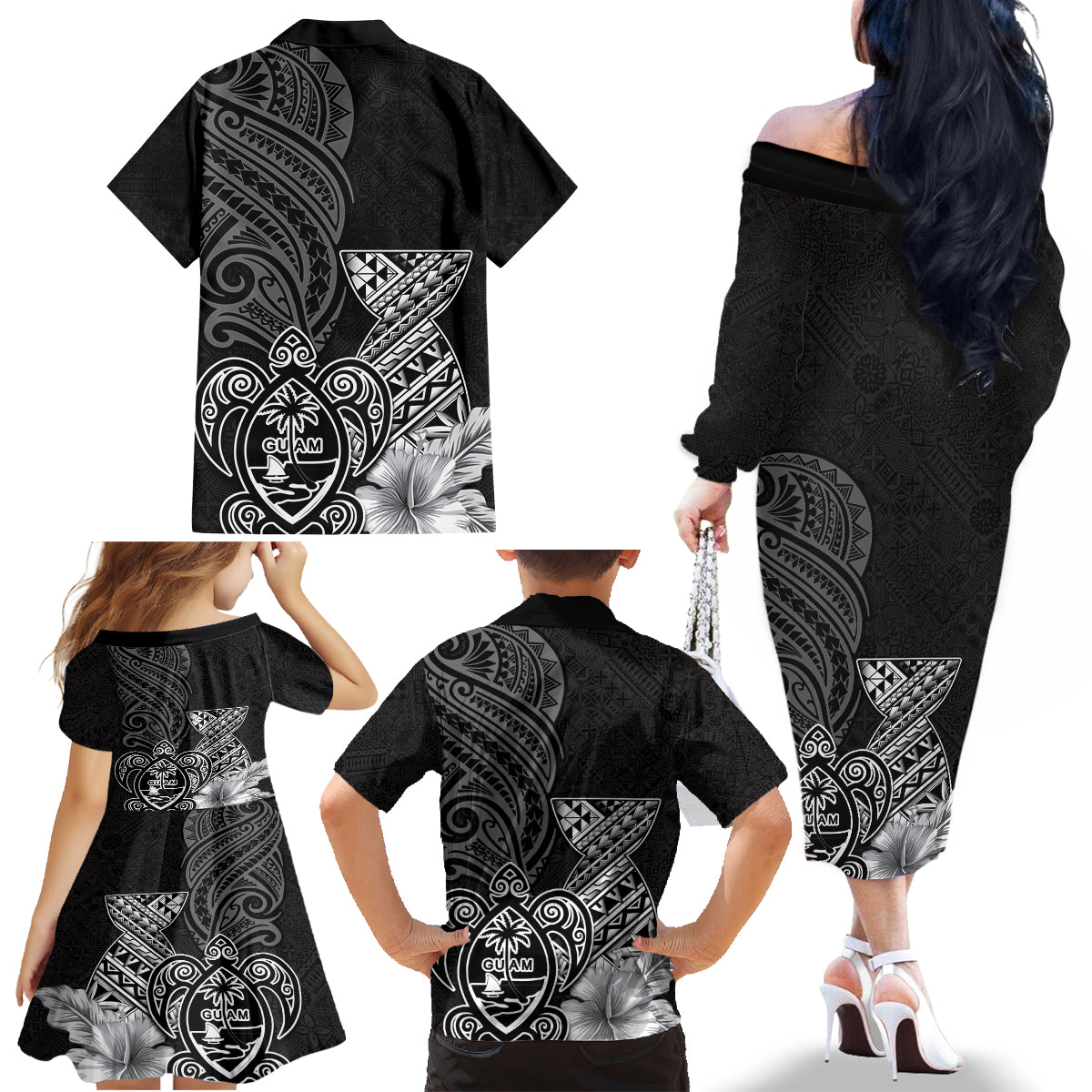 Guam Latte Stone Chamorro Culture Family Matching Off The Shoulder Long Sleeve Dress and Hawaiian Shirt Tapa Pattern LT03 - Polynesian Pride