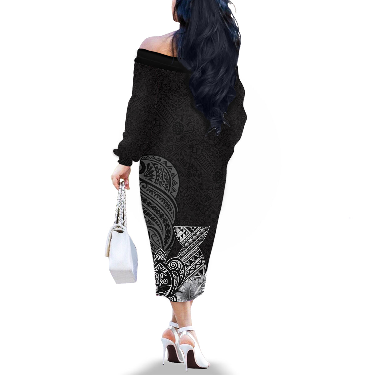 Guam Latte Stone Chamorro Culture Family Matching Off The Shoulder Long Sleeve Dress and Hawaiian Shirt Tapa Pattern LT03 - Polynesian Pride