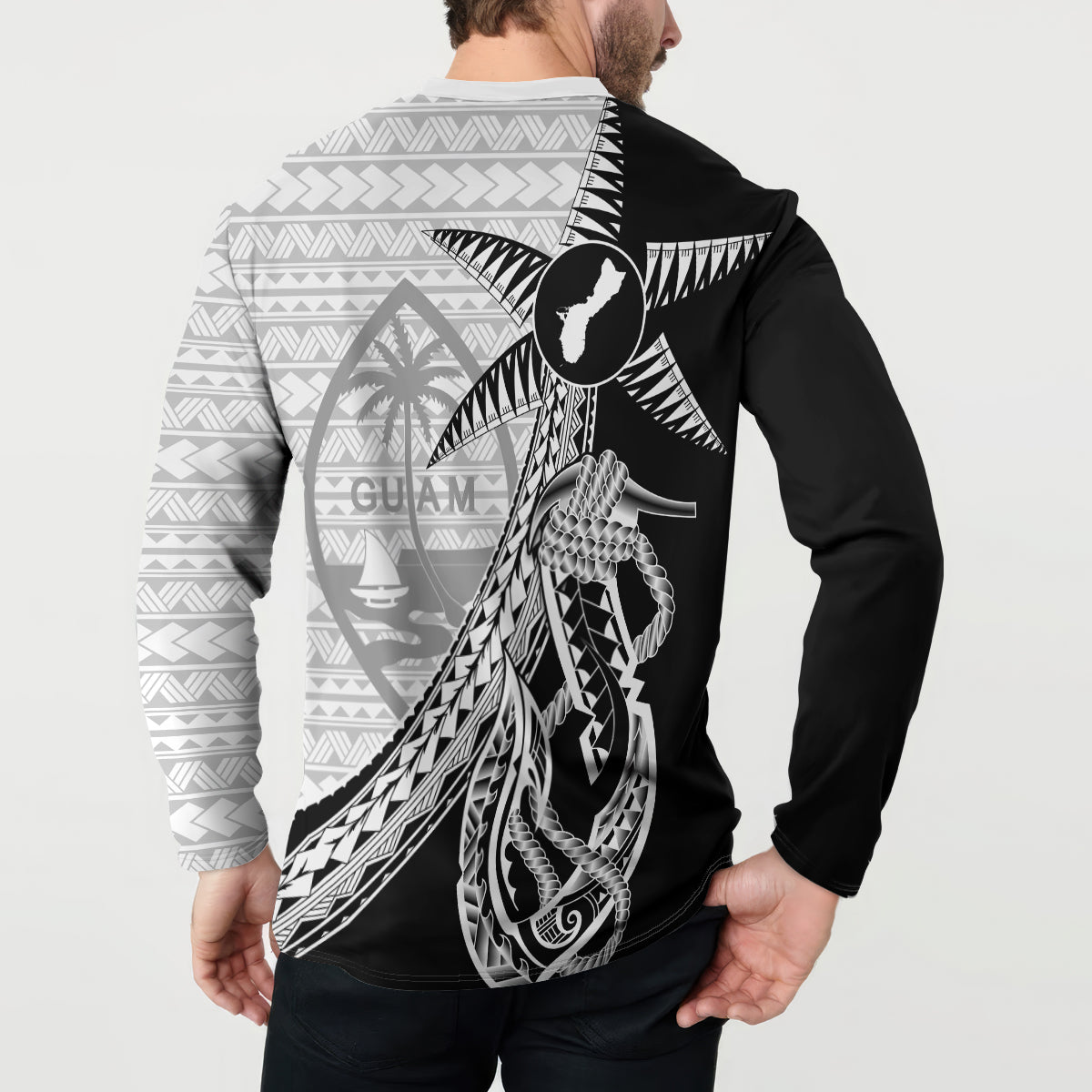 Guam Fish Hook and Palm Tree Button Sweatshirt Polynesian Pattern Half Style