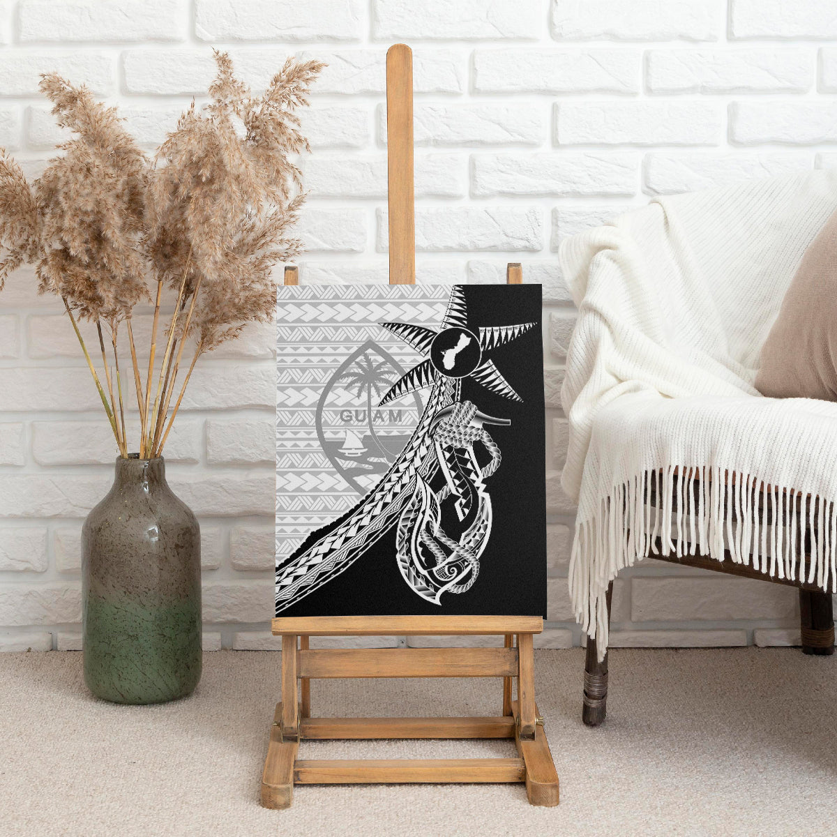 Guam Fish Hook and Palm Tree Canvas Wall Art Polynesian Pattern Half Style