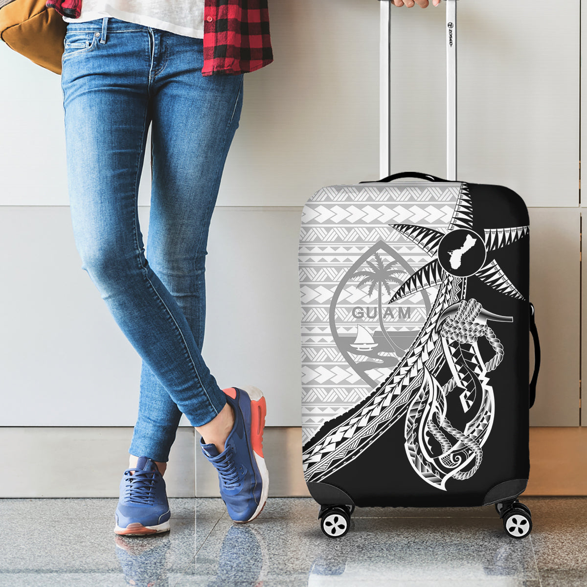 Guam Fish Hook and Palm Tree Luggage Cover Polynesian Pattern Half Style