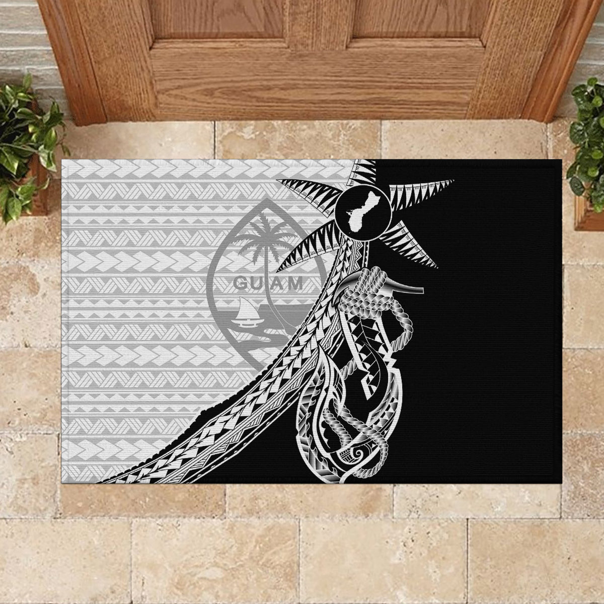 Guam Fish Hook and Palm Tree Rubber Doormat Polynesian Pattern Half Style