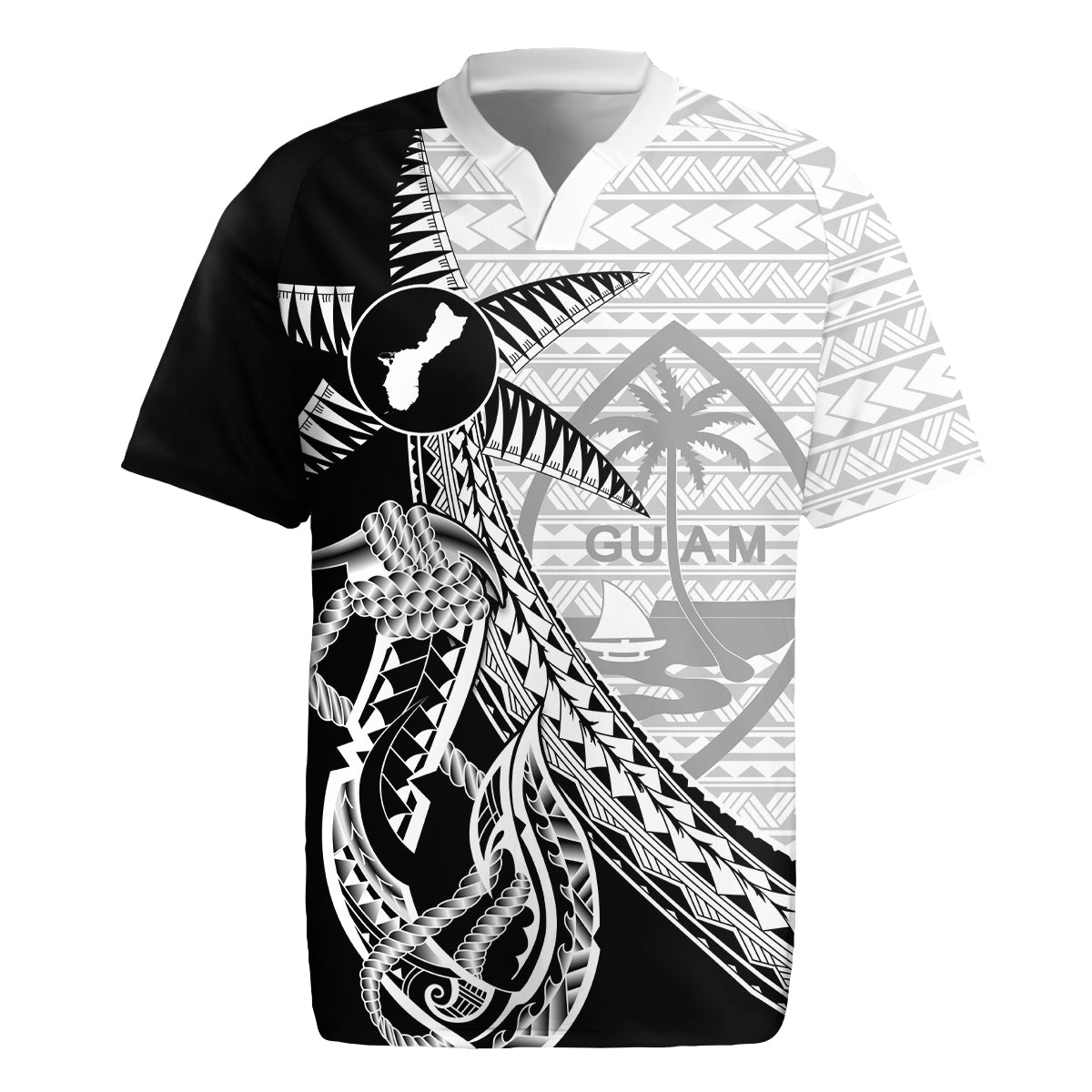 Guam Fish Hook and Palm Tree Rugby Jersey Polynesian Pattern Half Style
