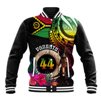 Personalised Vanuatu 44th Anniversary Baseball Jacket Boars Tusk and Melanesian Warrior Indipendens Dei