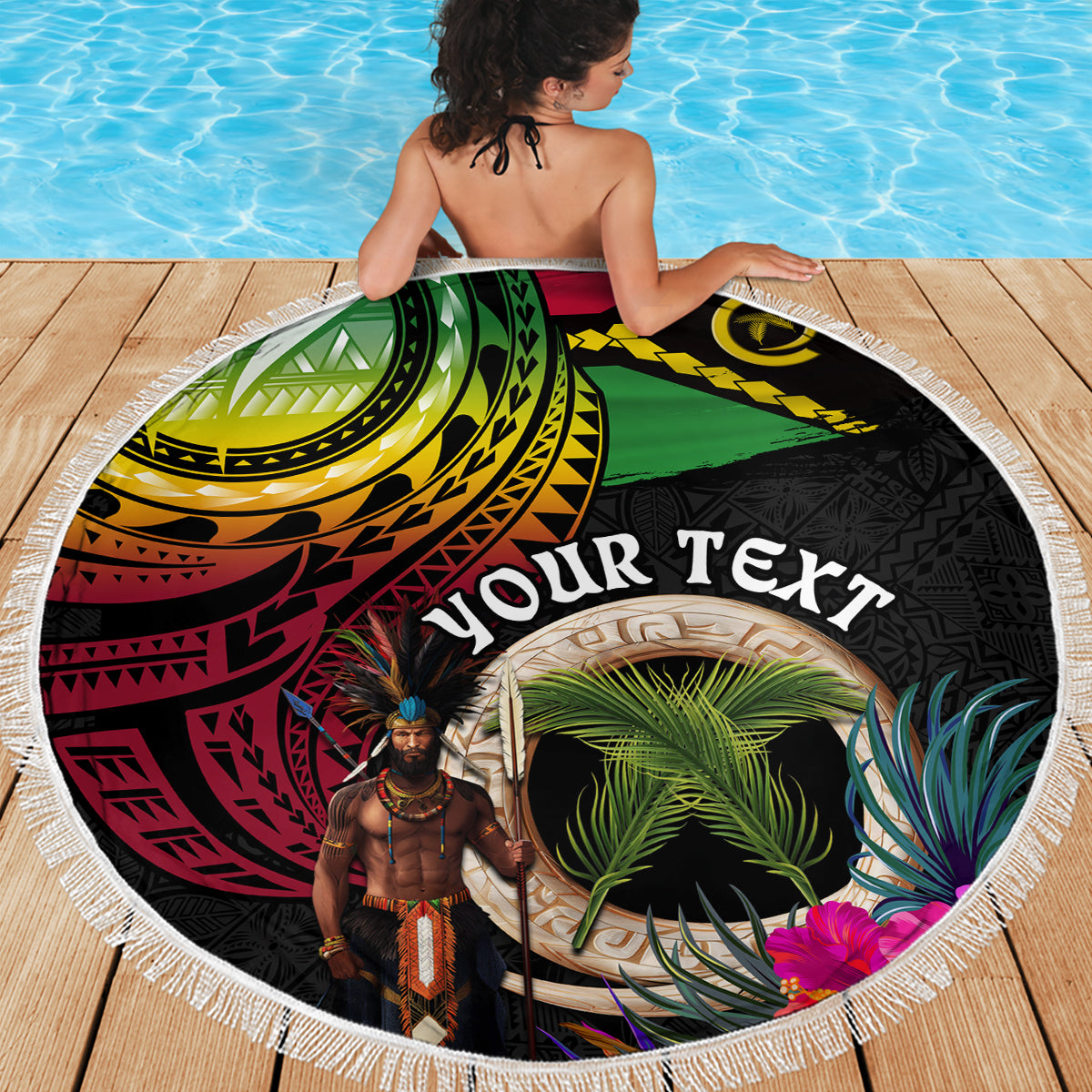 Personalised Vanuatu 44th Anniversary Beach Blanket Boars Tusk and Melanesian Warrior Indipendens Dei