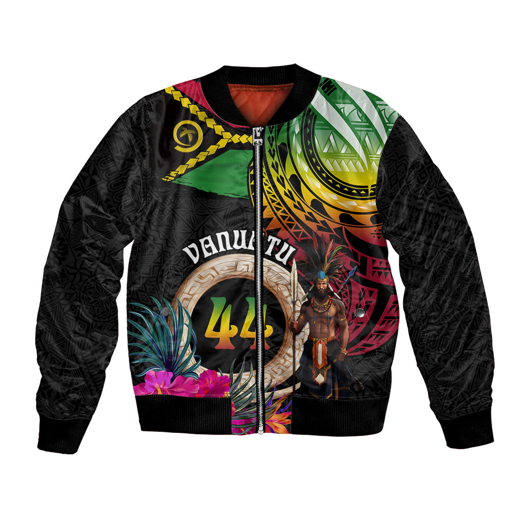 Personalised Vanuatu 44th Anniversary Bomber Jacket Boars Tusk and Melanesian Warrior Indipendens Dei