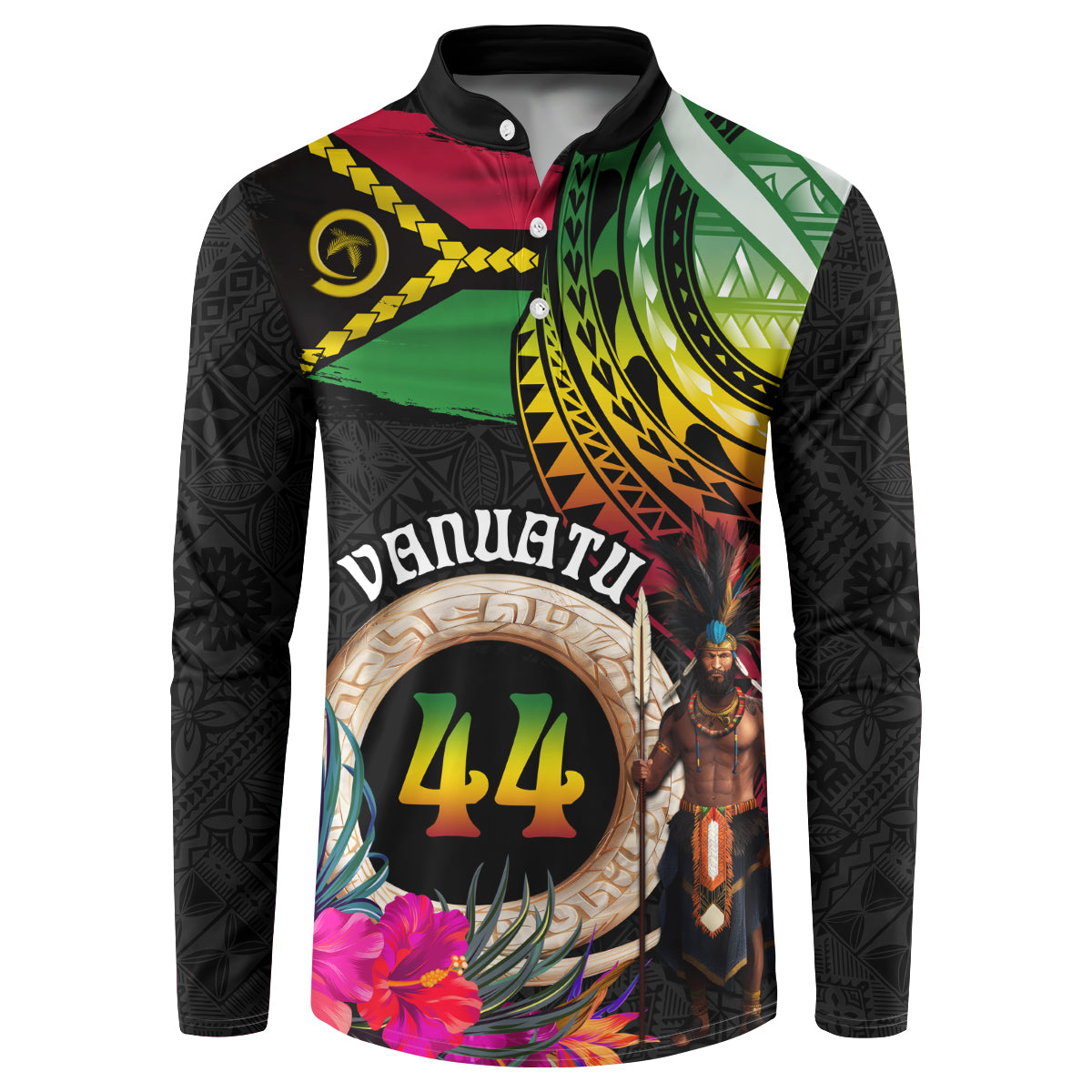 Personalised Vanuatu 44th Anniversary Button Sweatshirt Boars Tusk and Melanesian Warrior Indipendens Dei