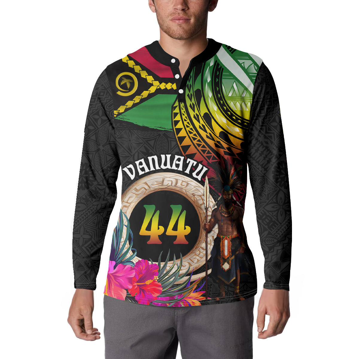 Personalised Vanuatu 44th Anniversary Button Sweatshirt Boars Tusk and Melanesian Warrior Indipendens Dei