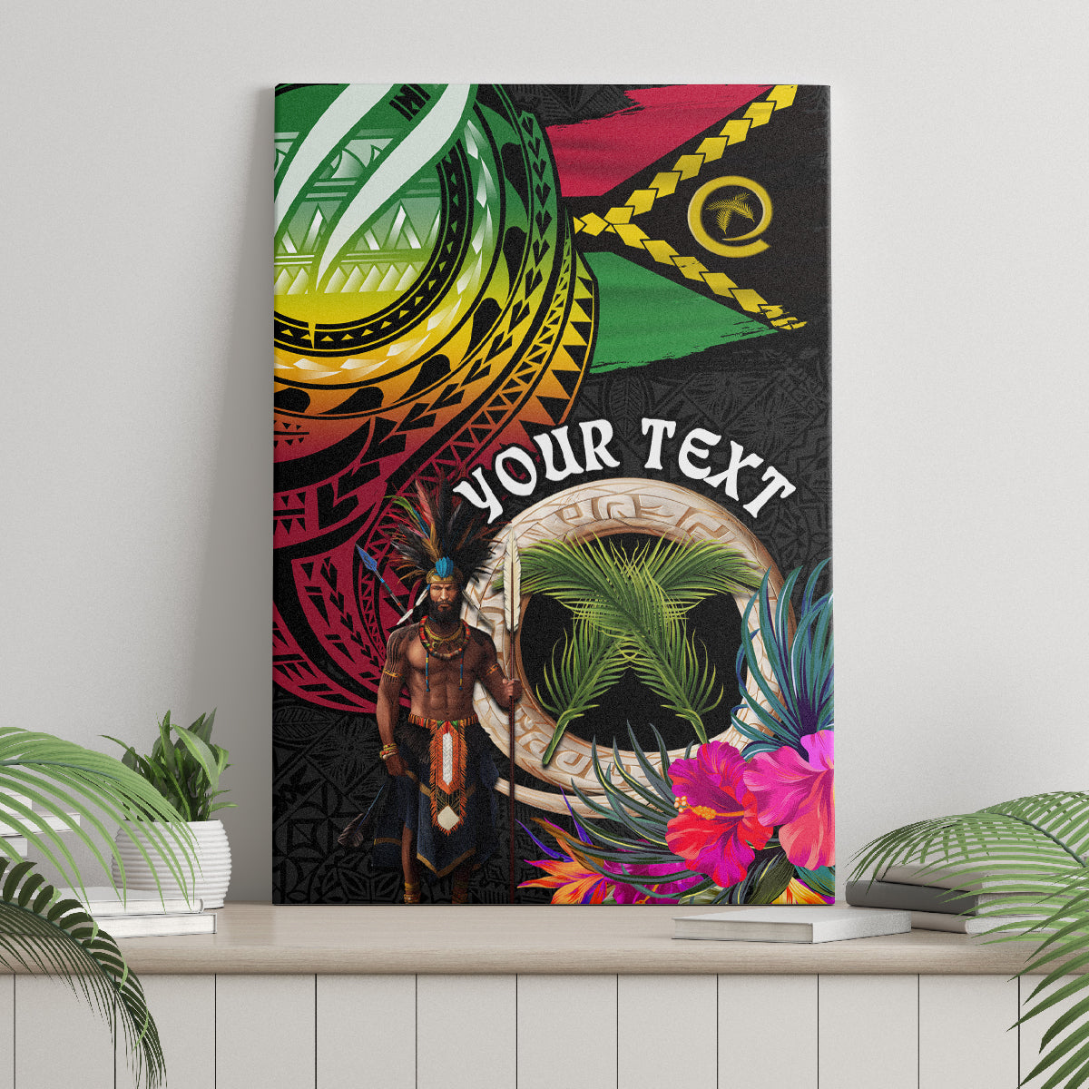 Personalised Vanuatu 44th Anniversary Canvas Wall Art Boars Tusk and Melanesian Warrior Indipendens Dei